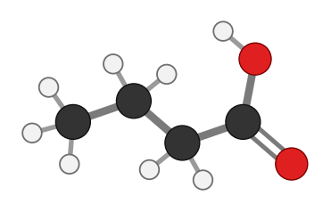 Butyric acid: a chain of three carbons ending in a carboxyl group (COOH); every hydrogen shown