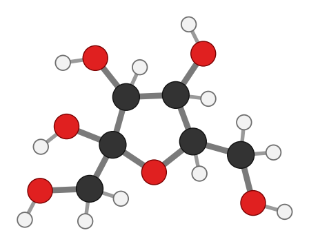Fructose ring drawn flat: four carbons and one oxygen form a five-membered ring, with a CH2OH group on each side of the ring oxygen; every hydrogen shown