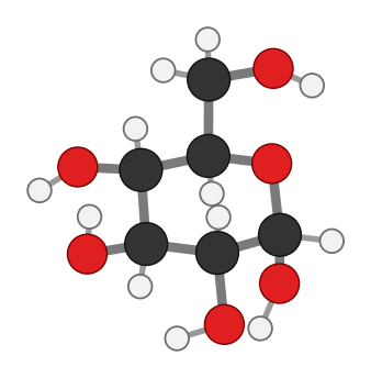 Alpha-glucose as a 3D ring model: the OH on carbon 1 points down, below the ring; every hydrogen shown