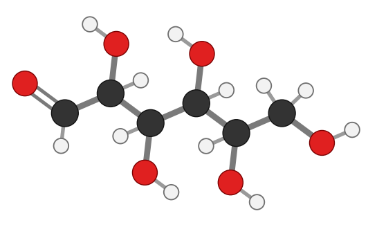 Open-chain glucose: six carbons in a zigzag; carbon 1 on the left is an aldehyde (C=O with one H); carbons 2 to 5 each carry an OH; carbon 6 on the right is CH2OH; every hydrogen shown