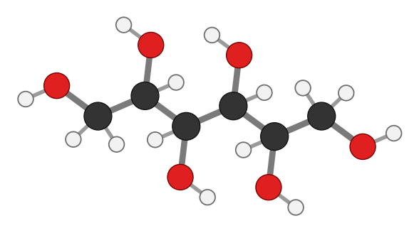 Sorbitol: the same six-carbon chain with an OH on every carbon; carbon 1 is now CH2OH; every hydrogen shown