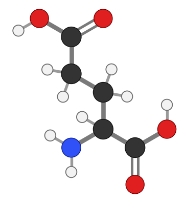 Glutamic acid (Glu), C5H9NO4: amine and carboxyl at the bottom, side chain pointing up; every hydrogen shown