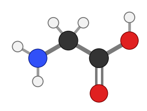 Glycine: an amine group (NH2) on the left, a central carbon with two hydrogens, and a carboxyl group (COOH) on the right; every hydrogen shown