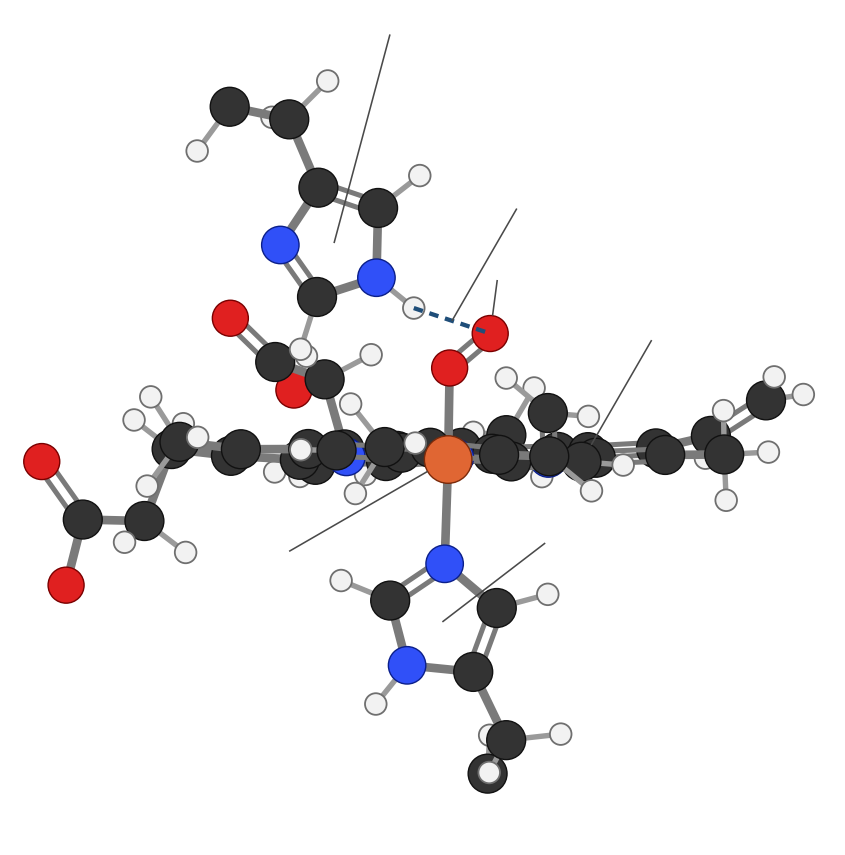 The same heme seen edge-on: the ring is a flat line with the iron in it; the O2 sits straight above the iron, bent, with histidine E7 above it, and histidine F8 sits straight below.