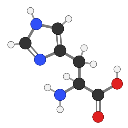 Histidine (His), C6H9N3O2: amine and carboxyl at the bottom, side chain pointing up; every hydrogen shown