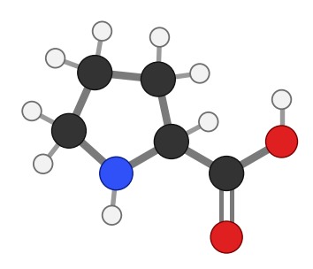 Proline (Pro), C5H9NO2: amine and carboxyl at the bottom, side chain pointing up; every hydrogen shown