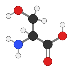 Serine (Ser), C3H7NO3: amine and carboxyl at the bottom, side chain pointing up; every hydrogen shown