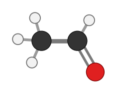 Acetaldehyde: two carbons, the second with a double-bonded oxygen and one hydrogen; every hydrogen shown