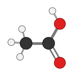 Acetic acid: two carbons, the second with a double-bonded oxygen and an OH group; every hydrogen shown