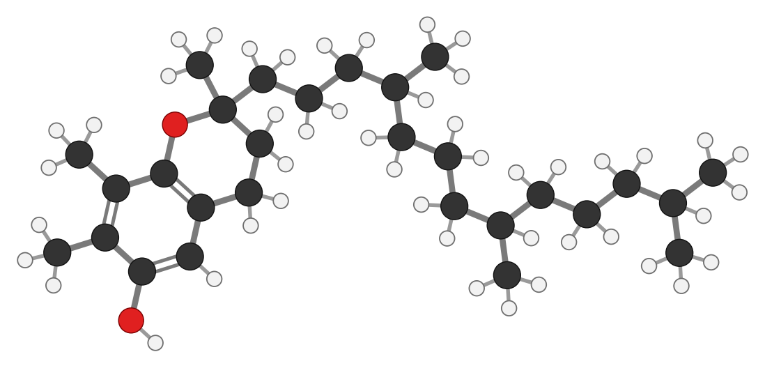 Gamma-tocopherol: the same, but with a hydrogen instead of one of the three methyl groups on the head; every hydrogen shown