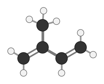 Isoprene: a four-carbon chain with two double bonds and a methyl branch on the second carbon; every hydrogen shown
