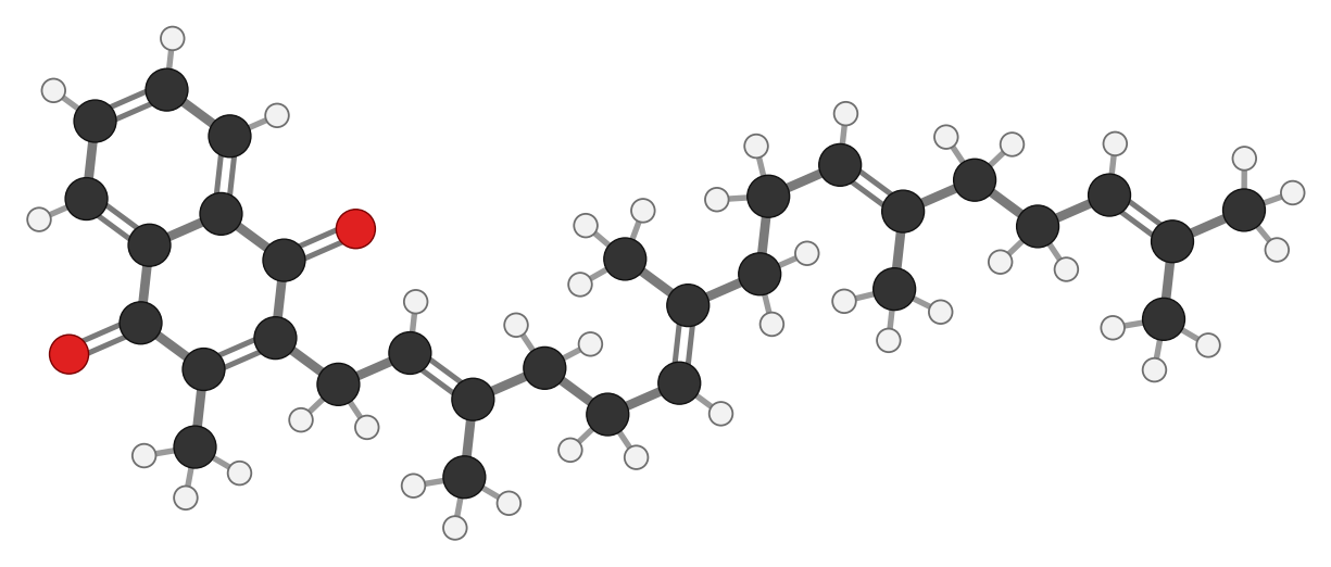 Vitamin K2 menaquinone-4: the same head with a tail of four isoprene units, each keeping its double bond; every hydrogen shown