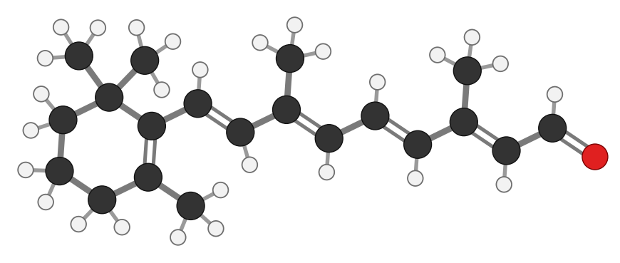 Retinal: the same as retinol but the last carbon carries a double-bonded oxygen (an aldehyde) instead of an OH; every hydrogen shown