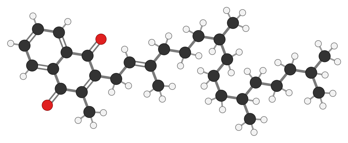 Vitamin K1: a two-ring head with two double-bonded oxygens, and a long, mostly saturated 20-carbon tail; every hydrogen shown