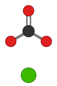 Calcium carbonate: a calcium ion beside a carbonate ion, a carbon with three oxygens