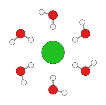 A chloride ion surrounded by six water molecules, each with one white hydrogen pointing at the ion; every hydrogen shown
