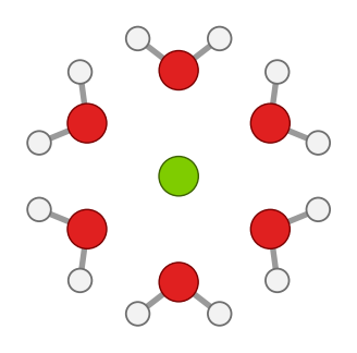 A small magnesium ion surrounded closely by six water molecules, oxygens facing in; every hydrogen shown