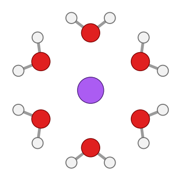 A sodium ion surrounded by six water molecules, each with its red oxygen facing the ion and its hydrogens pointing away; every hydrogen shown