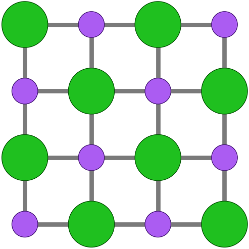Part of a sodium chloride crystal: small purple sodium ions and large green chloride ions alternating in a square grid