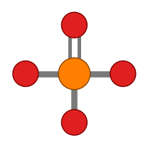 Phosphate ion: a phosphorus atom with four oxygens around it, one double-bonded