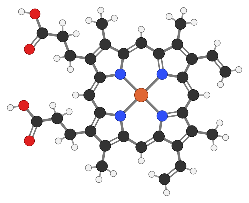 Heme: an iron atom at the center of a large flat ring made of four five-membered rings, each with a nitrogen bonded to the iron, with methyl, vinyl and two propionic acid side groups; every hydrogen shown