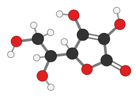 Ascorbic acid: a five-membered ring containing an oxygen, with a C=C double bond carrying two OH groups, and a two-carbon side chain with two more OH groups; every hydrogen shown