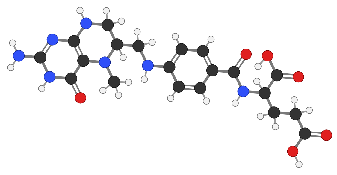5-Methyltetrahydrofolate: the same three parts, but the pterin unit has four extra hydrogens and a methyl group on one nitrogen; every hydrogen shown