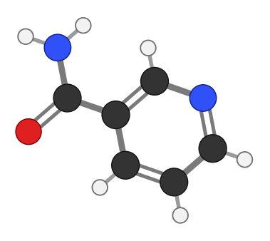 Nicotinamide: a pyridine ring with a CONH2 group; every hydrogen shown