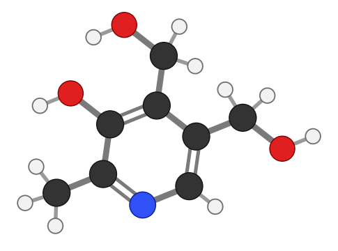 Pyridoxine: a pyridine ring with a methyl, an OH and two CH2OH groups; every hydrogen shown