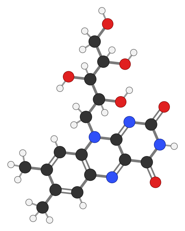 Riboflavin: three fused rings (two with nitrogens) and a five-carbon sugar-alcohol chain with four OH groups; every hydrogen shown