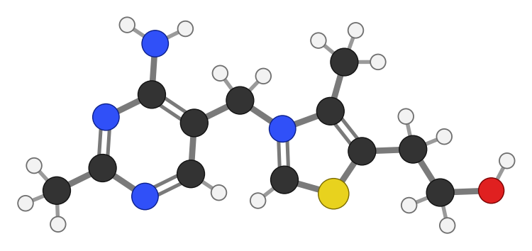 Thiamin: a six-membered ring with two nitrogens on the left joined by a CH2 bridge to a five-membered ring containing nitrogen and sulfur, with a CH2CH2OH arm; every hydrogen shown