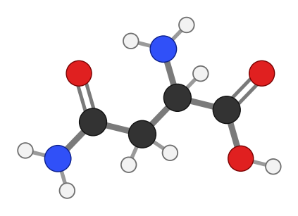 Asparagine: an amino acid with an amide group on its side chain; every hydrogen shown