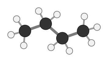 Butane: four carbons joined by single bonds, each carbon full of hydrogens; every hydrogen shown