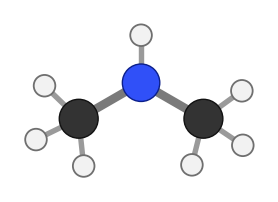 Dimethylamine: a nitrogen holding two methyl groups and one hydrogen; every hydrogen shown