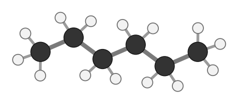 Hexane: a straight chain of six carbons with fourteen hydrogens; every hydrogen shown