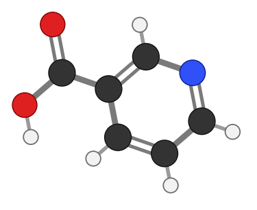 Niacin (nicotinic acid): a pyridine ring with a carboxylic acid group; every hydrogen shown