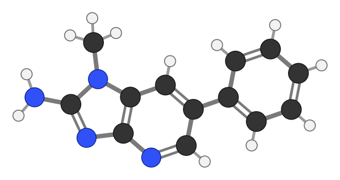 PhIP: two fused rings containing nitrogen, with an NH2 group, a methyl group and a benzene ring attached; every hydrogen shown