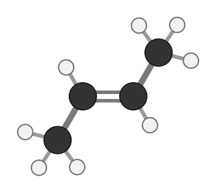 trans-2-Butene: four carbons with a double bond in the middle and the end carbons on opposite sides; every hydrogen shown